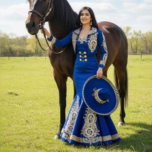 Elegant Blue and Gold Embroidered Dress with Hat